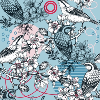Collage style seamless pattern design. Hand drawn bird nuthatches on flowering almond tree branches. Trendy background with botanical, geometric shapes, and abstract elements for prints or fabrics